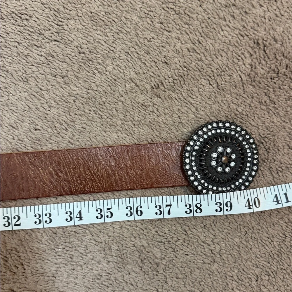 Fossil Brown Leather Belt with Circular Faux Diamond Buckle Size Medium